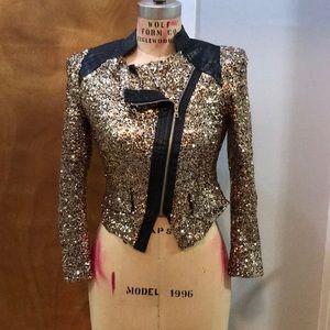 Gold sequined rockstar jacket w/ pleather trim!